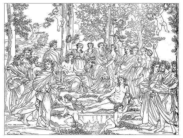 Antique illustration of Apollo and Muses on Mount Parnassus
