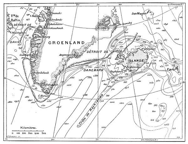 Antique illustration of Greenland and Iceland bathymetry map