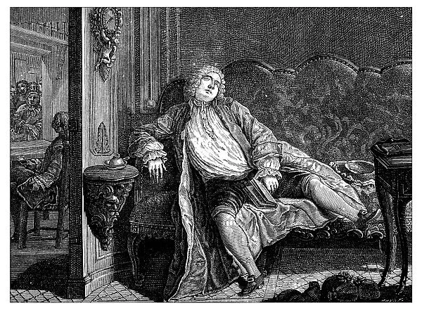 Antique illustration of tired man