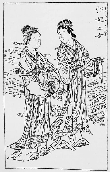 Antique Japanese Illustration: Two Ladies by Tachibana Morikuni (1740)
