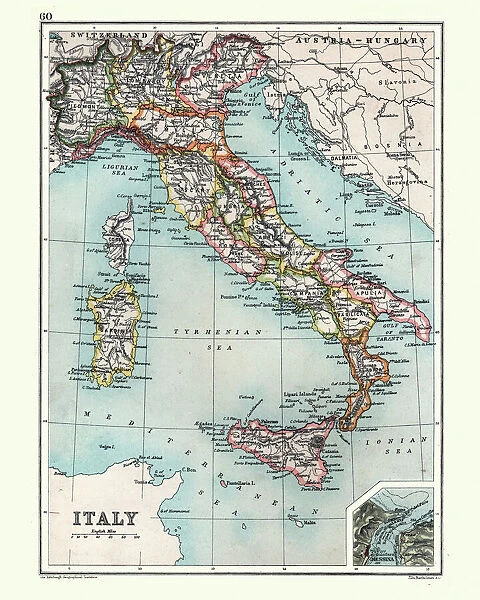 Antique Map of Italy, with detail of straits of Messina, 19th Century