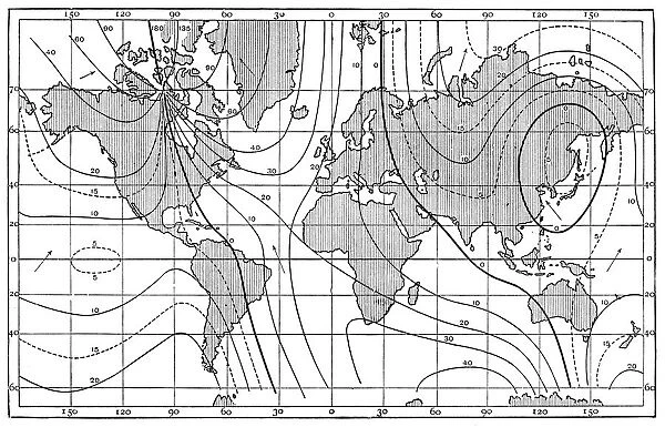 Antique map of lines of equal magnetic declination, 1885