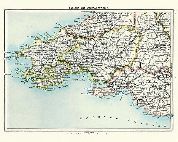 Antique map, Pembroke, Carmarthen, Glamorgan, Wales, 19th Century