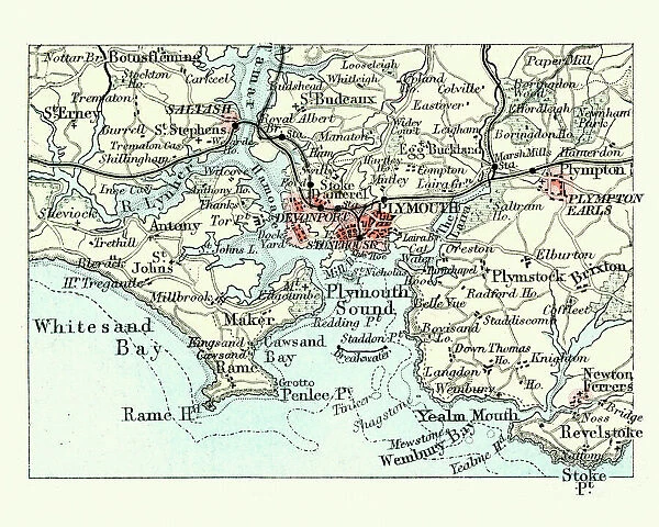 Antique map, Plymouth and Devonport, England, 19th Century
