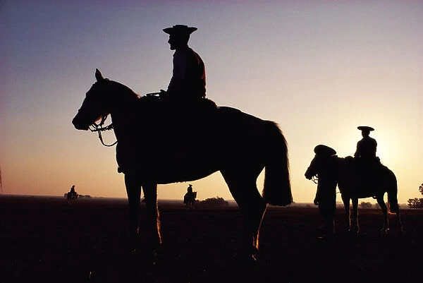 Argentina, horsemen in landscape, silhouette, sunset