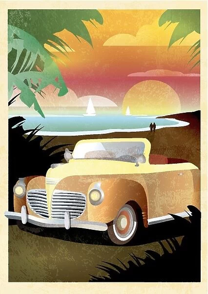 Art Deco style Paradise classic convertible car poster design
