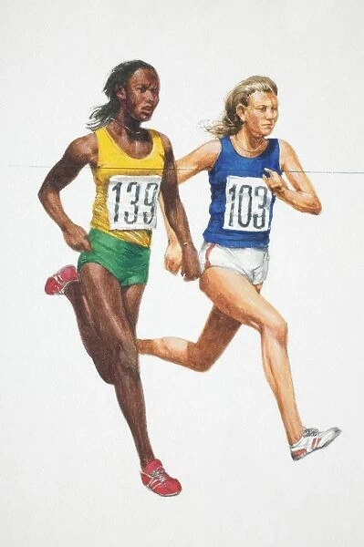 Two athletic women in vest and shorts running, side view
