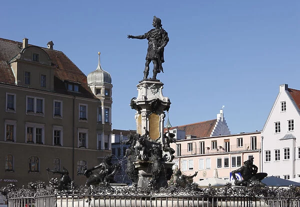 Augustusbrunnen fountain on the town hall square, Augsburg, Schwaben, Bavaria, Germany, Europe