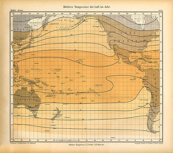 Average Yearly Air Temperature Chart, Pacific Ocean, German Antique Victorian Engraving, 1896