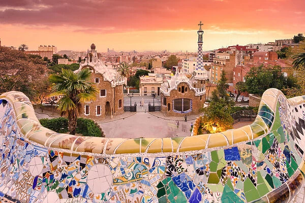 Barcelona, Parc Guell at sunset. Spain, Europe