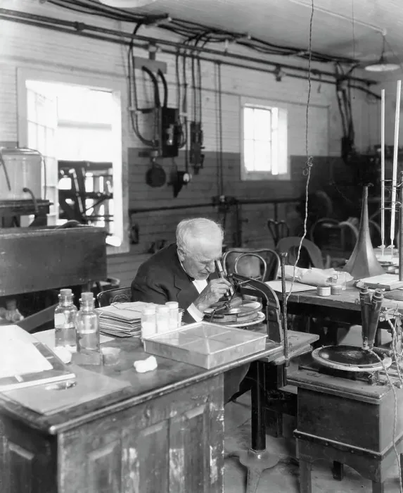 Framed Print : Thomas Edison Examining Microscopic Specimen Print Framed Print : Thomas Edison Examining Microscopic Specimen Print