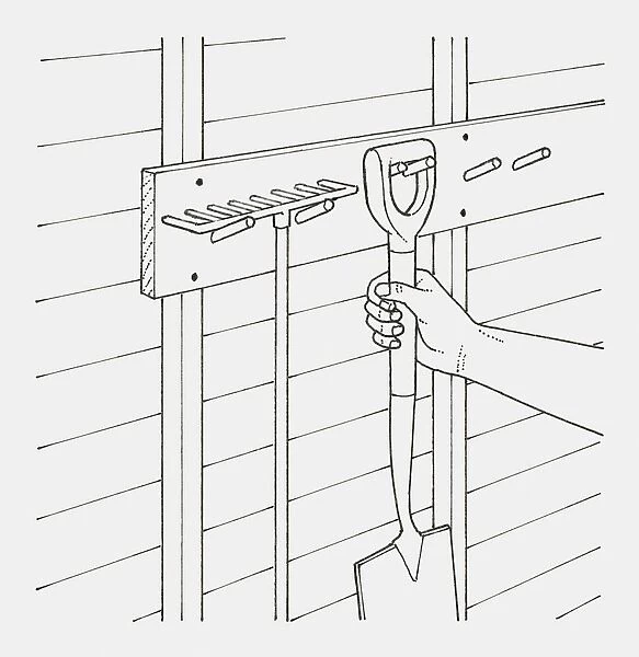 Black and white illustration of hand hanging garden spade next to rake on hooks in a shed