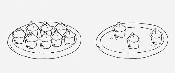 Black and white illustration of two plates of cupcakes