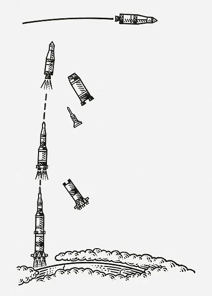 Black and white illustration of Saturn V rocket being launched