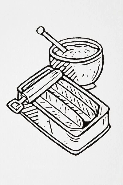 Black and white illustration of tin of herrings and bowl of horseradish dip
