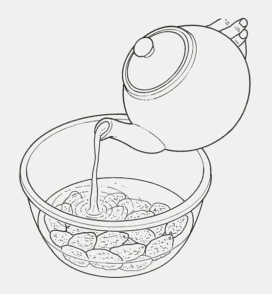 Black and white illustration of water being poured onto dried fruit in a bowl, to soak