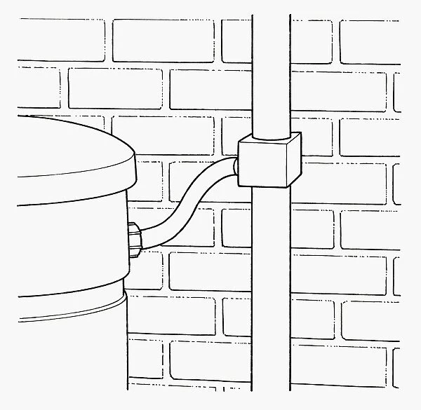 Black and white illustration of water storage tank connected to downpipe