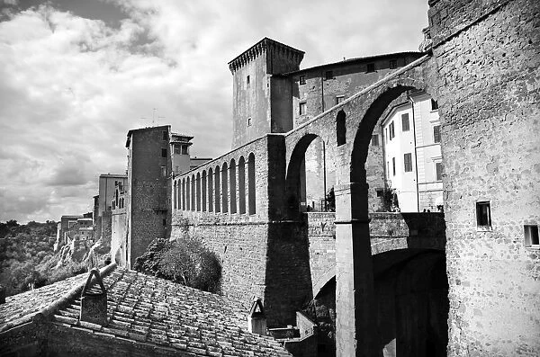 Black and white view of spectacular Medieval Pitigliano in Italy