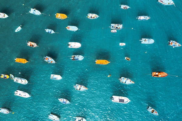 Boats on blue water. Overhead view. Madeira, Portugal