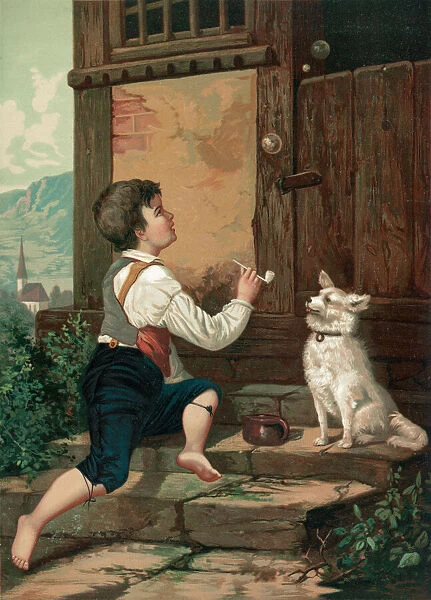 Boy Blowing Bubbles with His Dog