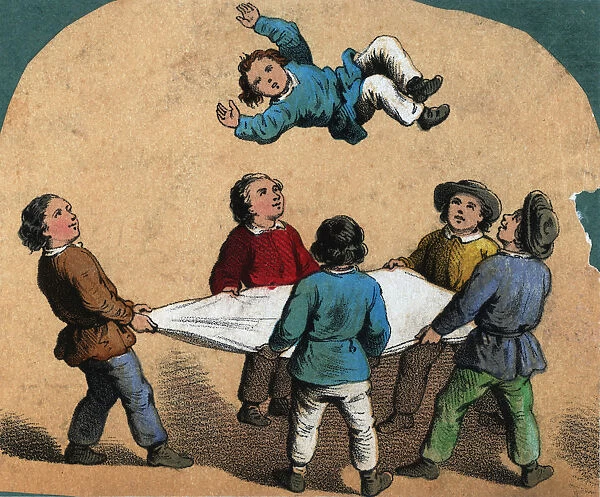 The Bumps. A group of boys using a sheet to toss