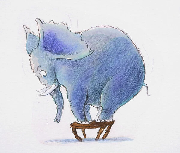Cartoon elephant standing on small stool, side view