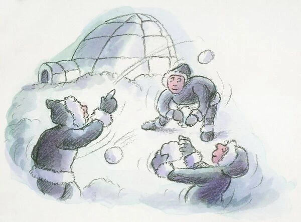 Cartoon of igloo and Inuits throwing snowballs