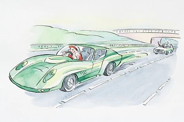 Cartoon of slow police car chasing laughing motorist speeding in sports car on road