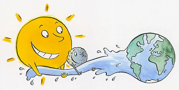 Cartoon of smiling sun catching sea as it flows from globe of the word