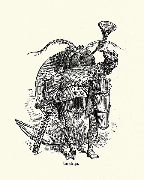 Character sketch of a medieval crossbow man blowing a horn