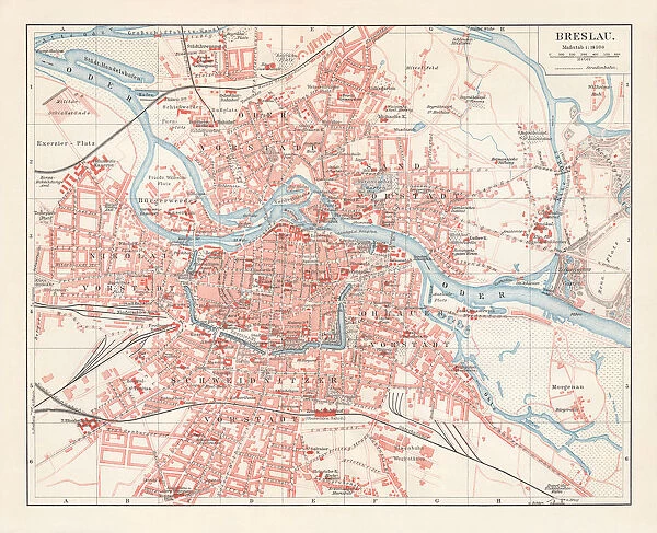 City map of Breslau, (today Wroclaw, Poland), lithograph, published 1897