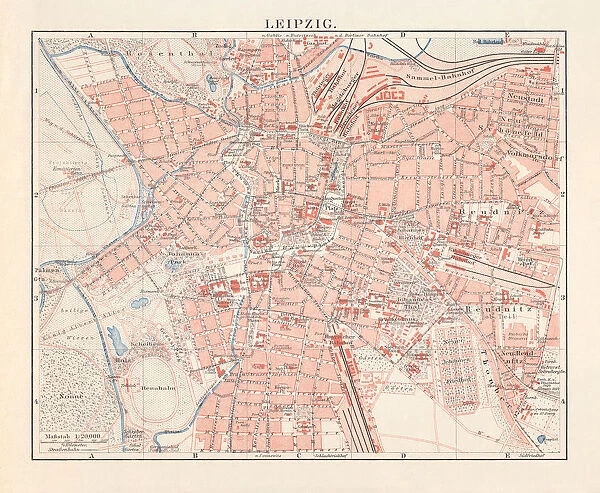 City map of Leipzig (Saxony, Germany), lithograph, published in 1897