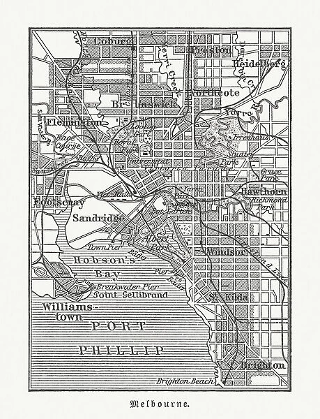 City map of Melbourne, Australia, wood engraving, published in 1897