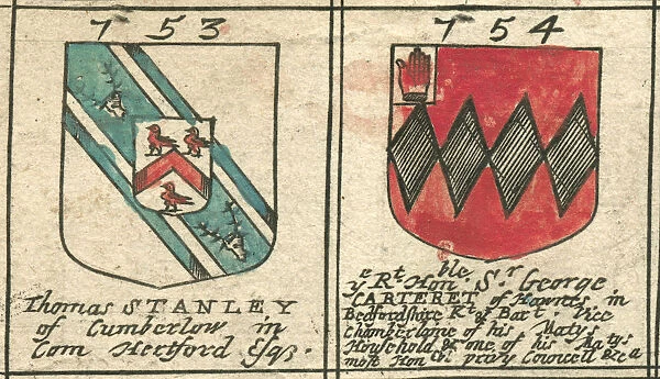Coat of arms copperplate 17th century Stanley and Carteret