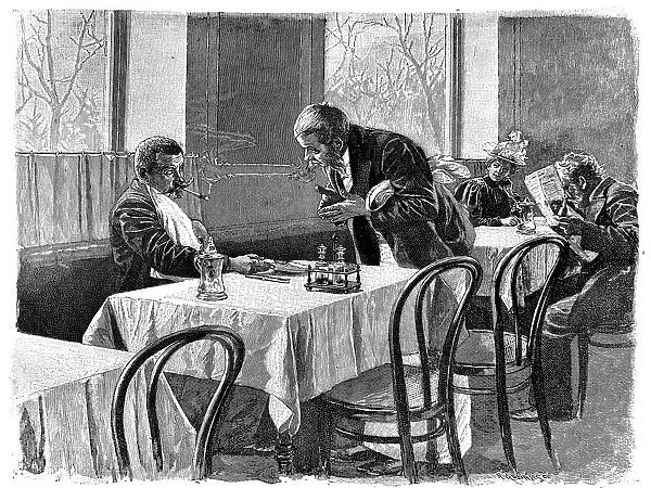 Conversation of the waiter with the guest at the restaurant - 1896