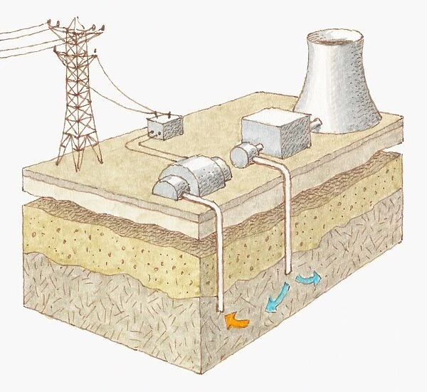 Cross section illustration showing sustainable energy by geothermal power