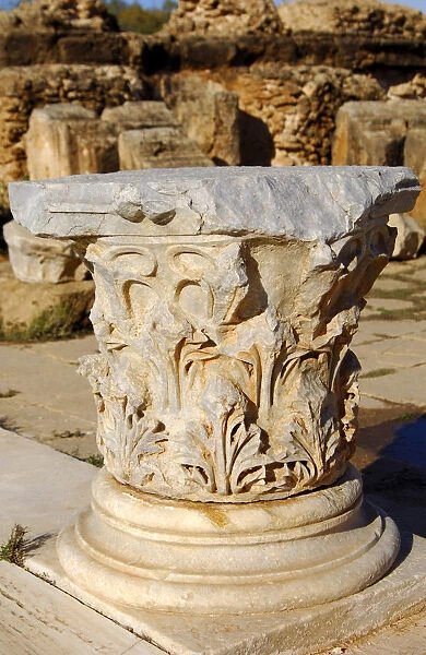 Decorated capital, ruins of the Roman City Leptis Magna, Libya