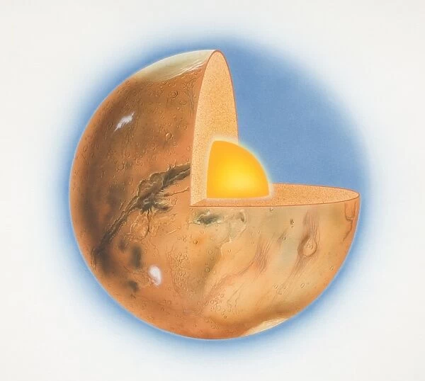 Diagram of planet Mars with quarter of sphere removed to reveal subterranean layers, front view