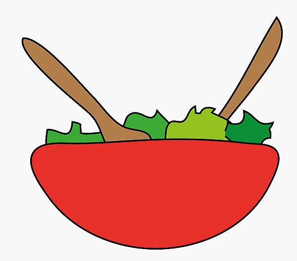 Digital illustration of green salad and wooden servers in bright red bowl