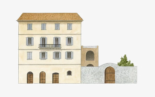 Digital illustration of maison noble or, mansion, an unostentatious mansion of the wealthy found on the island of Corsica