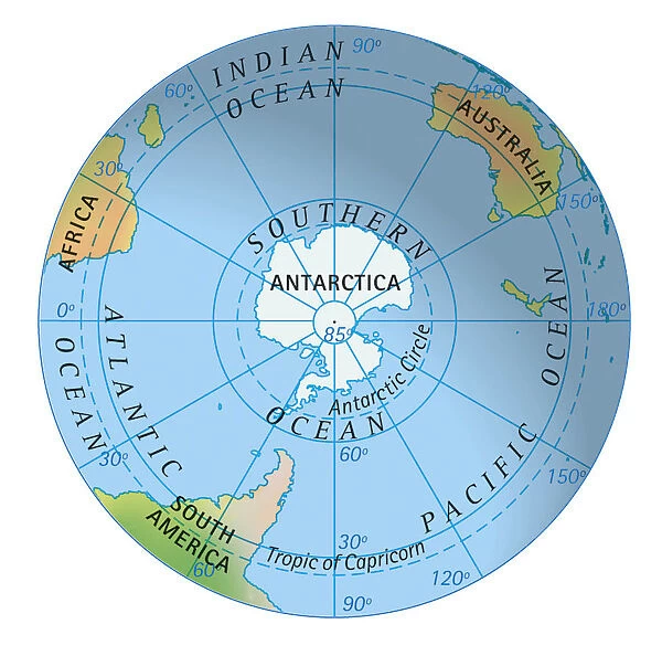 Digital illustration of map of southern hemisphere