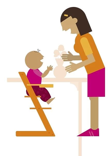 Digital illustration of mother reaching out to baby sitting in high chair