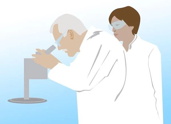 Digital illustration of scientist looking through microscope with woman standing behind