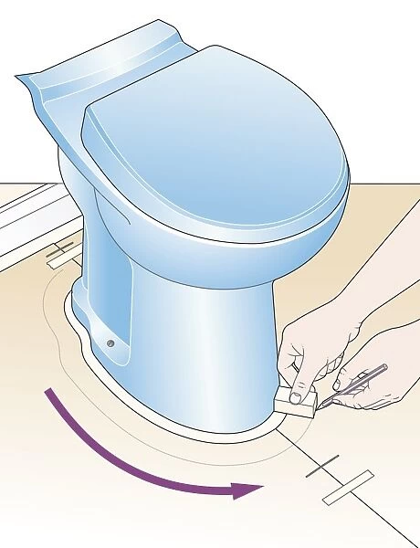 Digital illustration of scribing on paper template at base of toilet using pencil and wood block