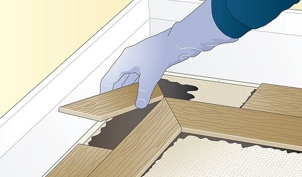 Digital illustration showing how to lay herringbone pattern floor block around perimeter using adhesive
