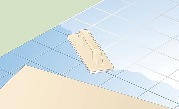 Digital Illustration showing rubber-based float and grouting on floor tiles