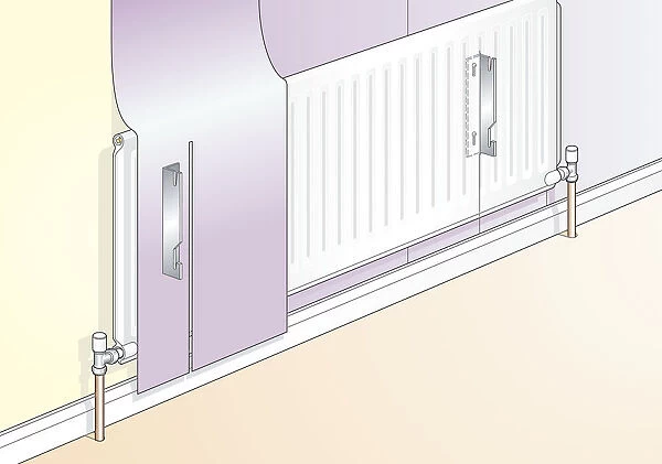 Digital illustration of vertical slit in wallpaper to fit over radiator bracket