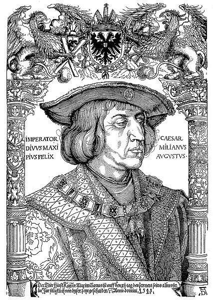 Emperor Maximilian I. Facsimile after a woodcut by Albrecht Duerer, Germany, Maximilian I. 1459, 1519, was King of the Romans, also known as King of the Germans, from 1486, and Emperor of the Holy Roman Empire from 1493 until his death