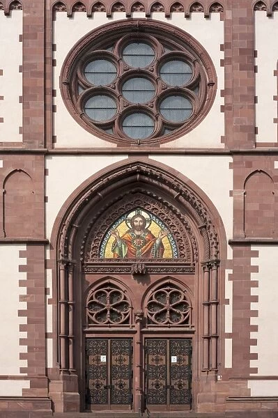 Entrance of the Herz Jesu-Kirche, or Sacred Heart Church, built in the style of Historicism, consecrated in 1897, Freiburg, Baden-Wurttemberg, Germany