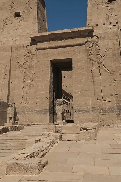 Entrance to the Temple of Isis with two stone lions